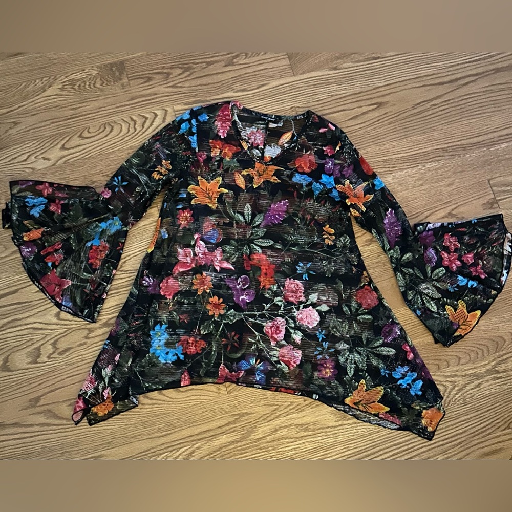 Dor Dor Couture Bell Sleeve Top Mesh Cover Up Tunic Whimsey Goth Asymmetrical‎